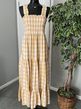 Abercrombie & Fitch Plaid Maxi Dress Yellow White Picnic Long Ruffle - L